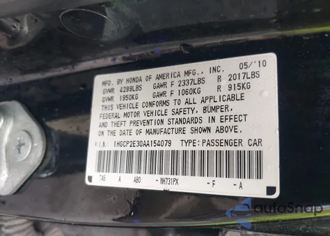 2010 Honda Accord 2.4 Lx z USA, uszkodzony, nr VIN 1HGCP2E30AA154079